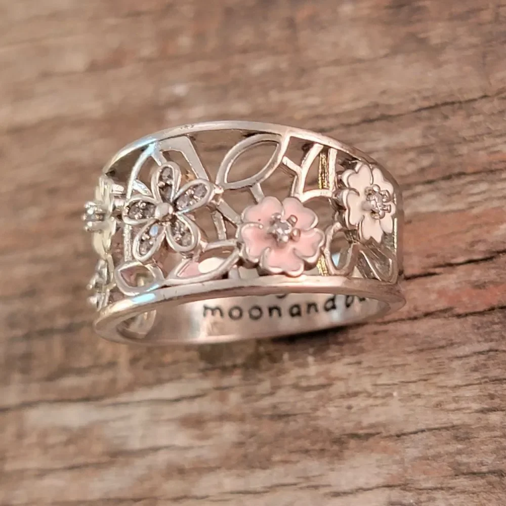 Sterling Openwork CZ Enamel Flowers Ring